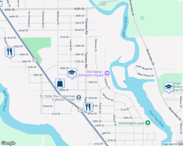 map of restaurants, bars, coffee shops, grocery stores, and more near 2118 36th Street in Two Rivers