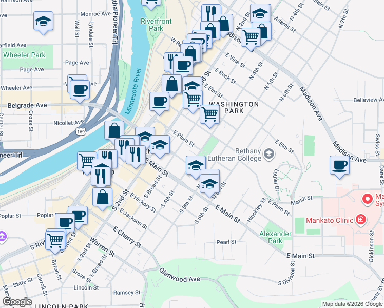 map of restaurants, bars, coffee shops, grocery stores, and more near 325 East Plum Street in Mankato