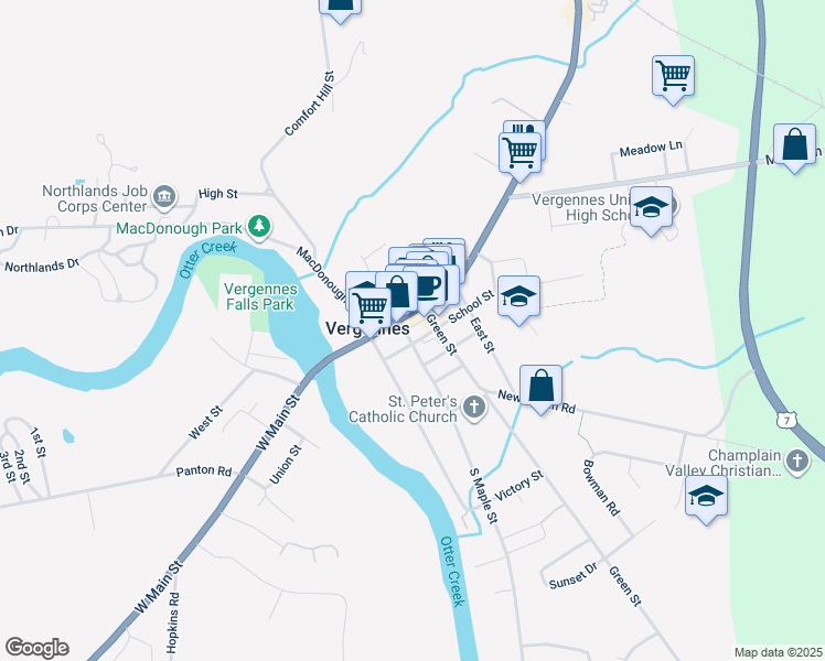 map of restaurants, bars, coffee shops, grocery stores, and more near 219 Main Street in Vergennes