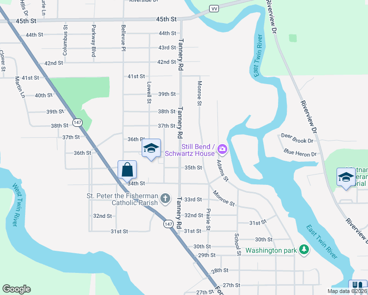 map of restaurants, bars, coffee shops, grocery stores, and more near 2118 36th Street in Two Rivers