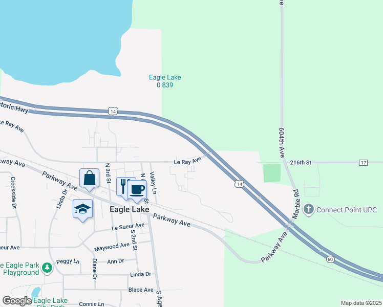 map of restaurants, bars, coffee shops, grocery stores, and more near 120 Le Ray Avenue in Eagle Lake