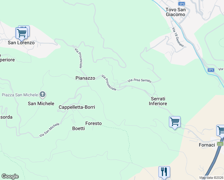 map of restaurants, bars, coffee shops, grocery stores, and more near 1886 Via Provinciale in Pianazzo