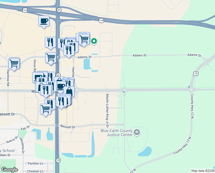 map of restaurants, bars, coffee shops, grocery stores, and more near Madison Avenue in Mankato