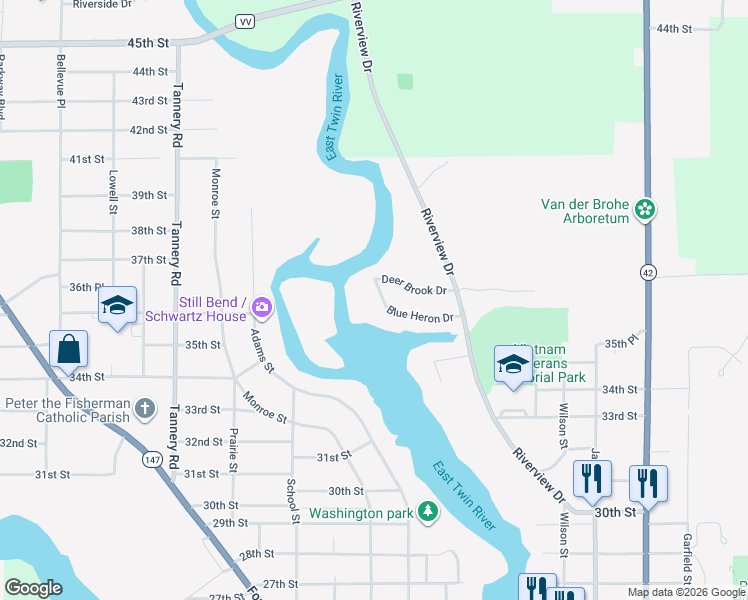 map of restaurants, bars, coffee shops, grocery stores, and more near 1706 Blue Heron Drive in Two Rivers