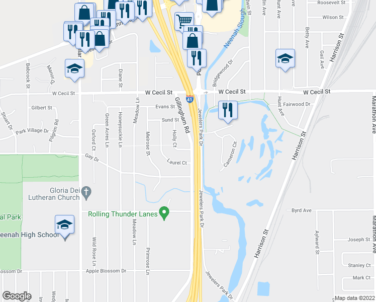 map of restaurants, bars, coffee shops, grocery stores, and more near 1093 Holly Court in Neenah