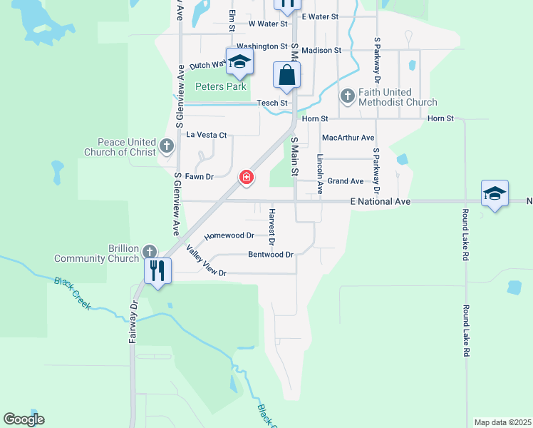 map of restaurants, bars, coffee shops, grocery stores, and more near 735 Harvest Drive in Brillion