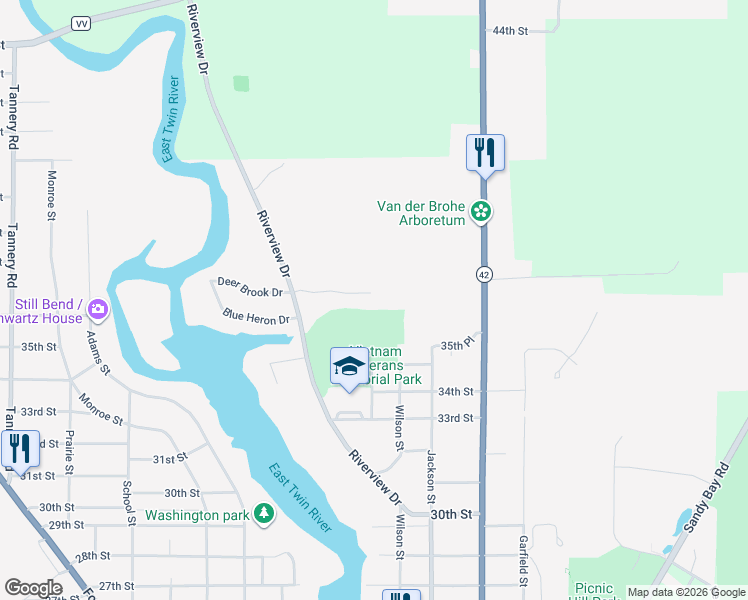map of restaurants, bars, coffee shops, grocery stores, and more near 1109 Mahogany Court in Two Rivers
