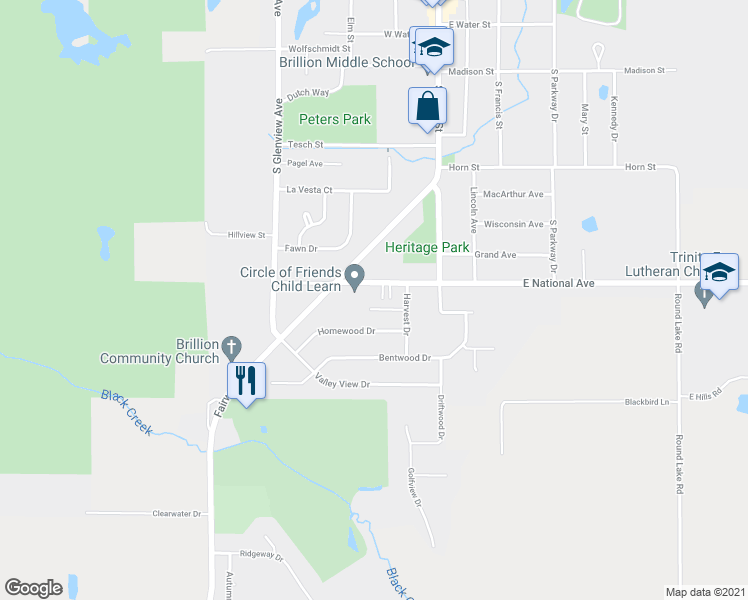 map of restaurants, bars, coffee shops, grocery stores, and more near 255 West National Avenue in Brillion