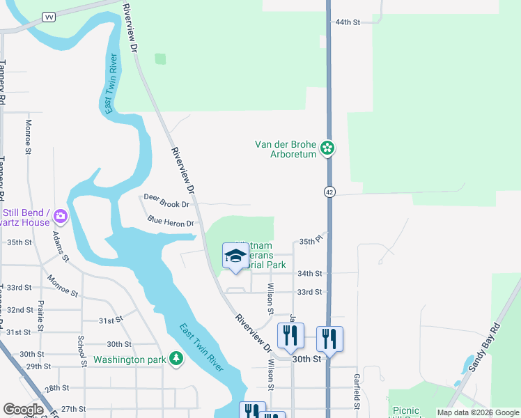 map of restaurants, bars, coffee shops, grocery stores, and more near 1109 Mahogany Court in Two Rivers