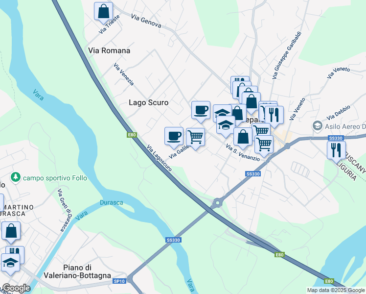 map of restaurants, bars, coffee shops, grocery stores, and more near 14 Via Galileo Galilei in Ceparana