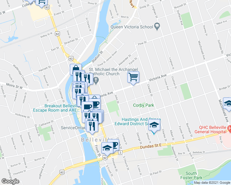 map of restaurants, bars, coffee shops, grocery stores, and more near 257 John Street in Belleville