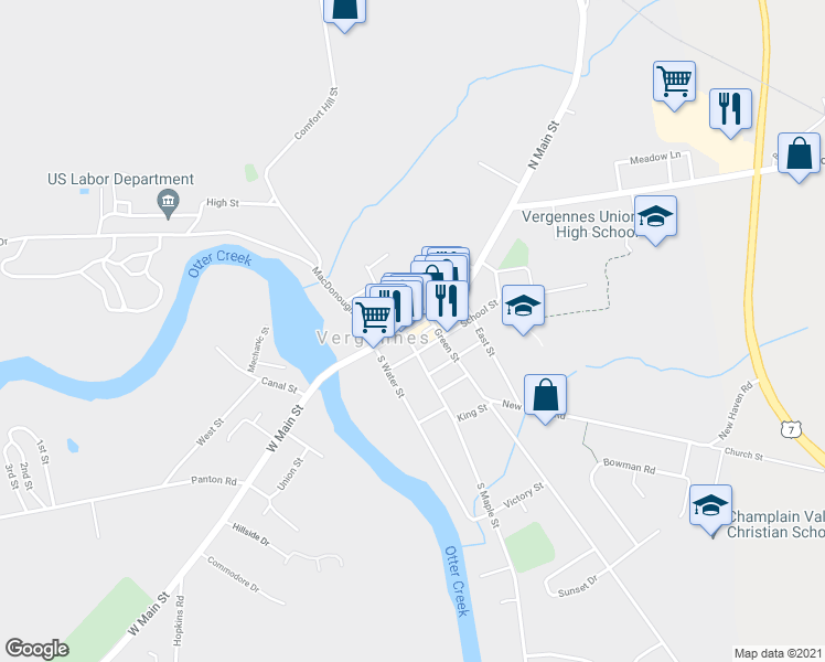 map of restaurants, bars, coffee shops, grocery stores, and more near 219 Main Street in Vergennes