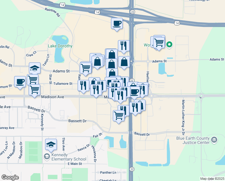 map of restaurants, bars, coffee shops, grocery stores, and more near 1872 Madison Avenue in Mankato