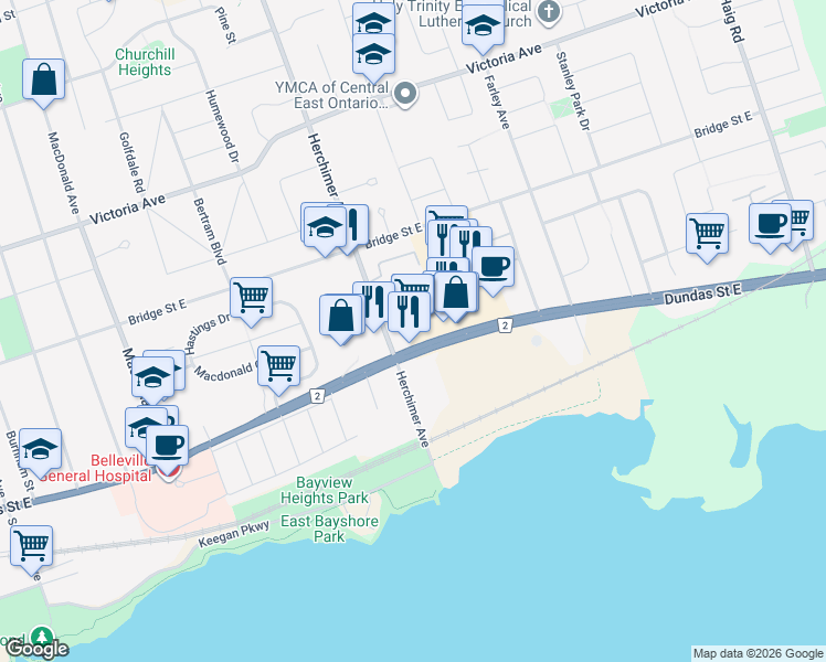 map of restaurants, bars, coffee shops, grocery stores, and more near 444 Dundas Street East in Belleville