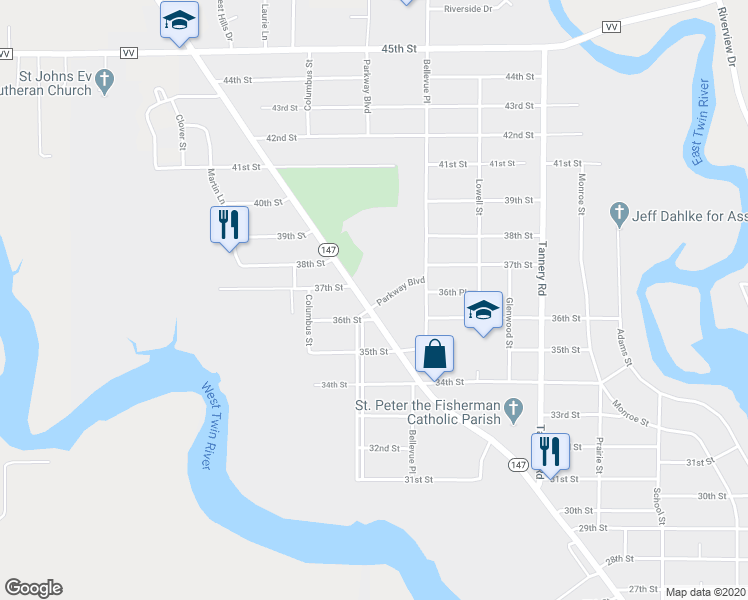 map of restaurants, bars, coffee shops, grocery stores, and more near 3727 Parkway Boulevard in Two Rivers