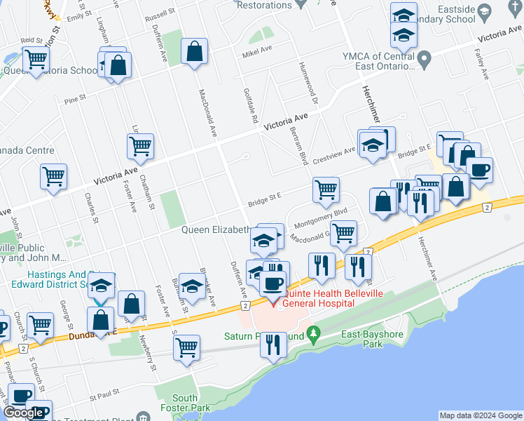 map of restaurants, bars, coffee shops, grocery stores, and more near 291 Bridge Street East in Belleville