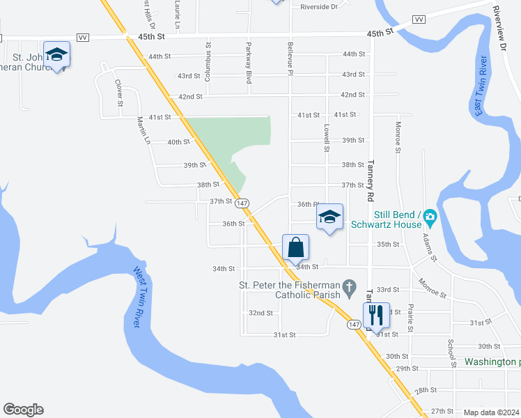 map of restaurants, bars, coffee shops, grocery stores, and more near 3727 Parkway Boulevard in Two Rivers