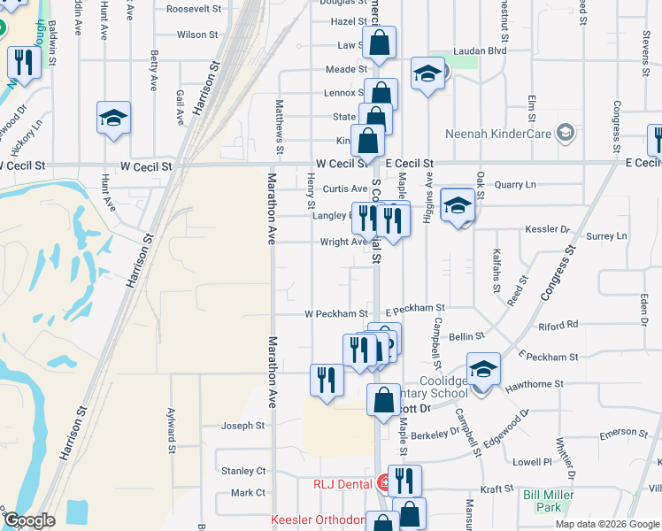 map of restaurants, bars, coffee shops, grocery stores, and more near 115 Professional Plaza in Neenah