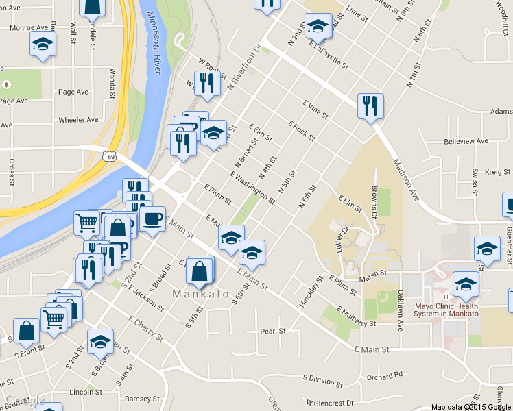 map of restaurants, bars, coffee shops, grocery stores, and more near 315 Washington Court in Mankato