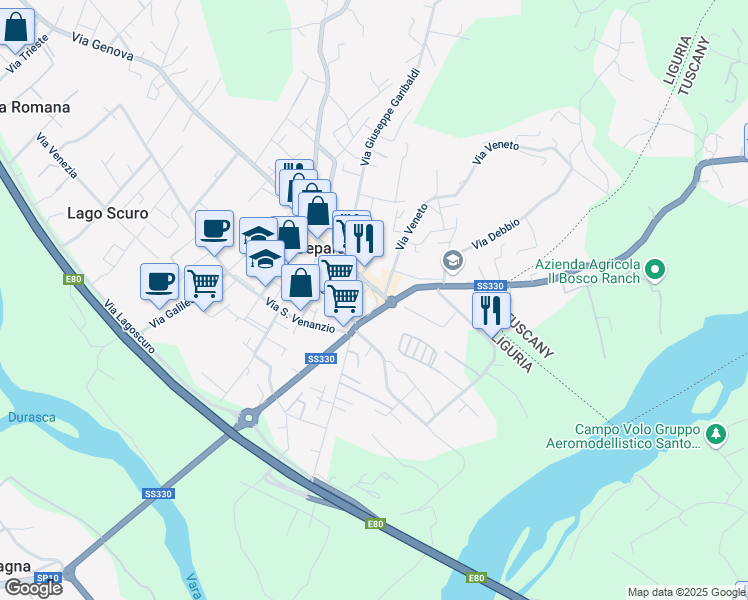 map of restaurants, bars, coffee shops, grocery stores, and more near 9 Via Romana in Ceparana
