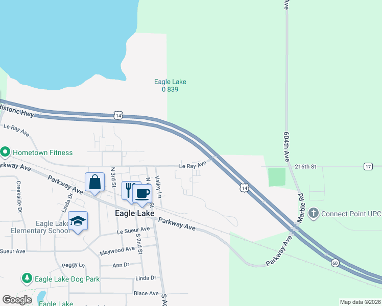 map of restaurants, bars, coffee shops, grocery stores, and more near 30 Le Ray Avenue in Eagle Lake