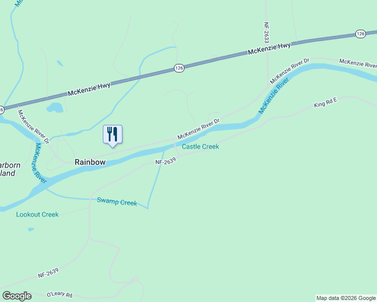 map of restaurants, bars, coffee shops, grocery stores, and more near 54709 King Road East in Lane County