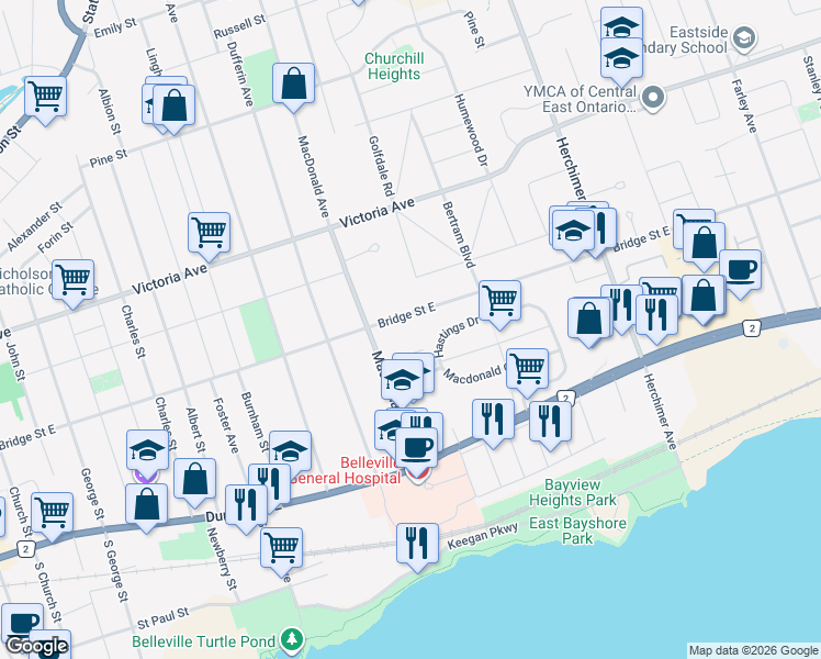 map of restaurants, bars, coffee shops, grocery stores, and more near 291 Bridge Street East in Belleville