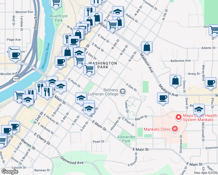 map of restaurants, bars, coffee shops, grocery stores, and more near 405 North 5th Street in Mankato