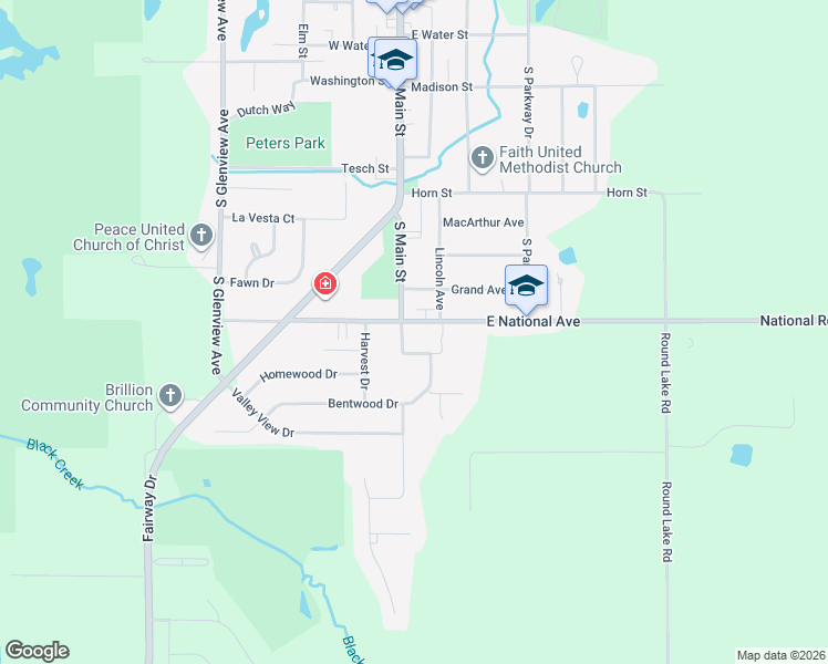 map of restaurants, bars, coffee shops, grocery stores, and more near 103 E National Ave in Brillion