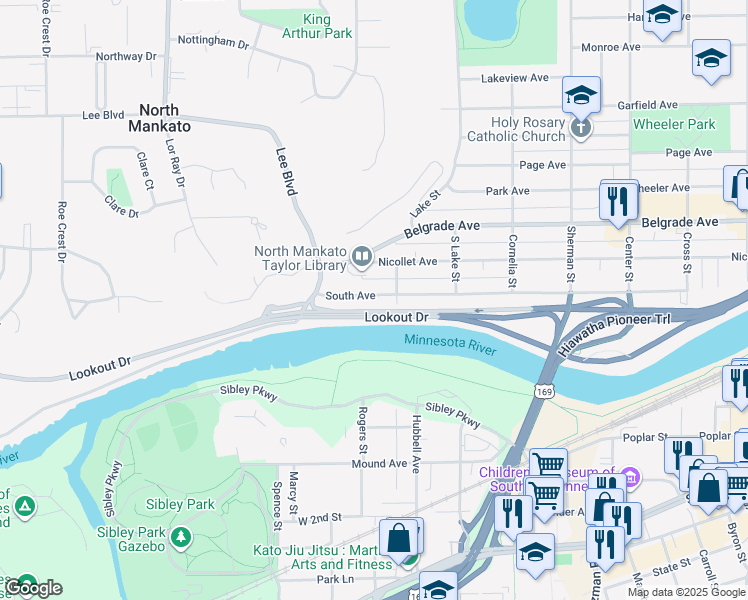 map of restaurants, bars, coffee shops, grocery stores, and more near 915 South Avenue in North Mankato