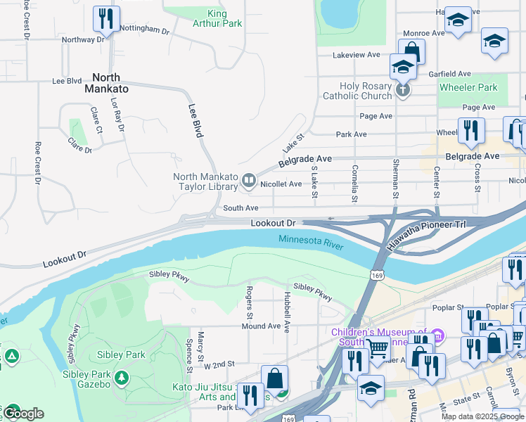 map of restaurants, bars, coffee shops, grocery stores, and more near 915 South Avenue in North Mankato