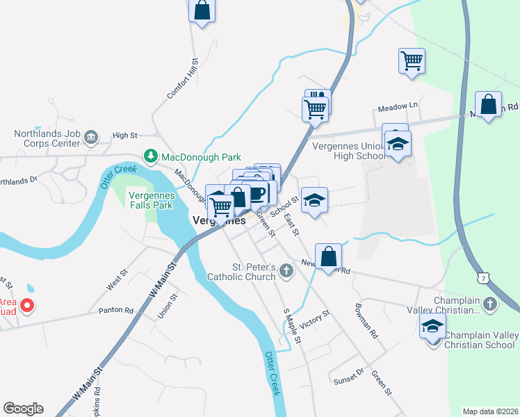 map of restaurants, bars, coffee shops, grocery stores, and more near 53 School Street in Vergennes