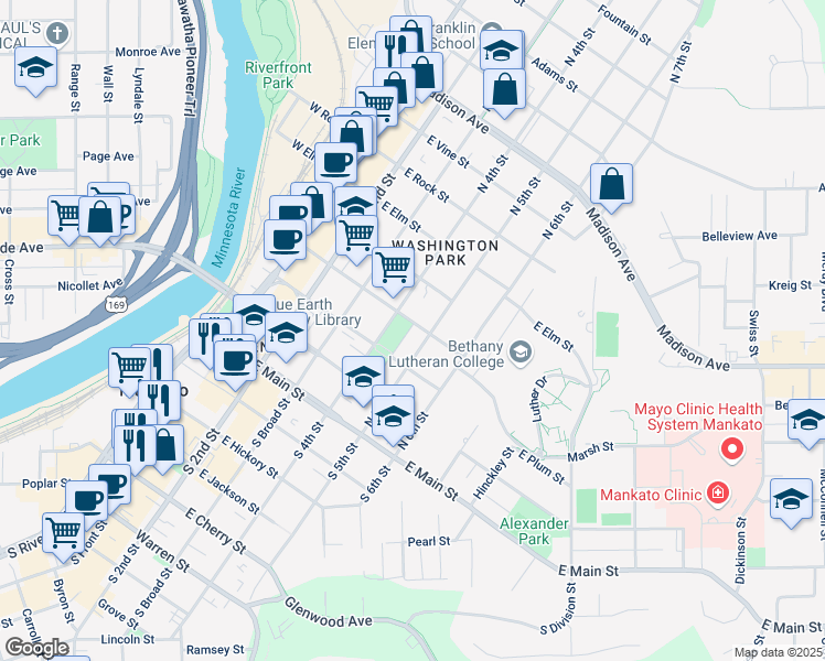 map of restaurants, bars, coffee shops, grocery stores, and more near 315 Washington Court in Mankato
