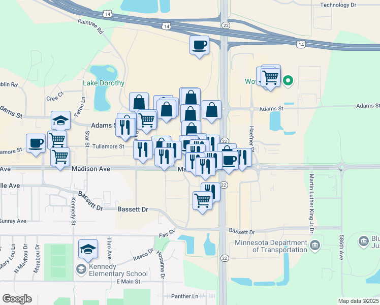 map of restaurants, bars, coffee shops, grocery stores, and more near 1872 Madison Avenue in Mankato