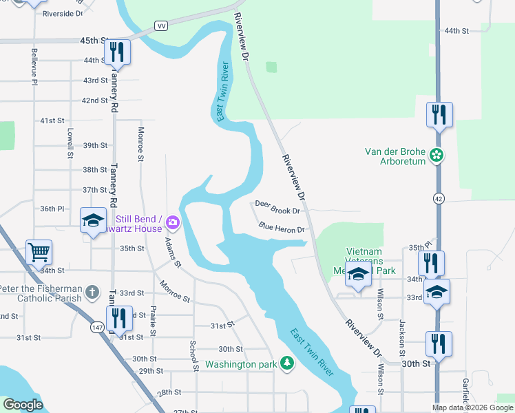 map of restaurants, bars, coffee shops, grocery stores, and more near 1706 Blue Heron Drive in Two Rivers