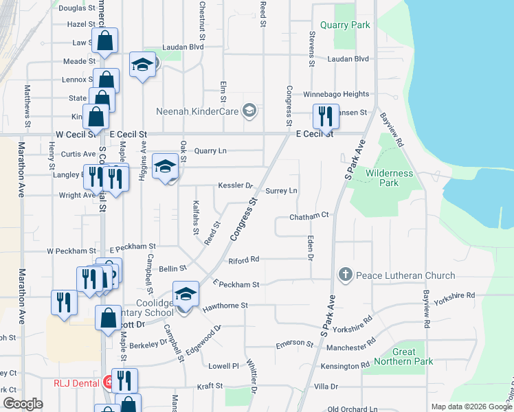 map of restaurants, bars, coffee shops, grocery stores, and more near 1010 Congress Street in Neenah
