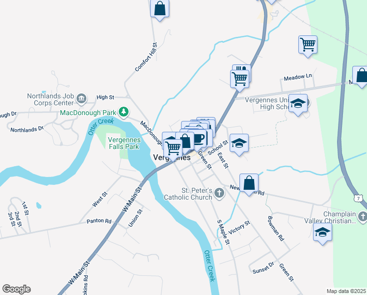 map of restaurants, bars, coffee shops, grocery stores, and more near 219 Main Street in Vergennes