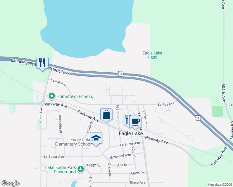 map of restaurants, bars, coffee shops, grocery stores, and more near 103 Johnson Street in Eagle Lake