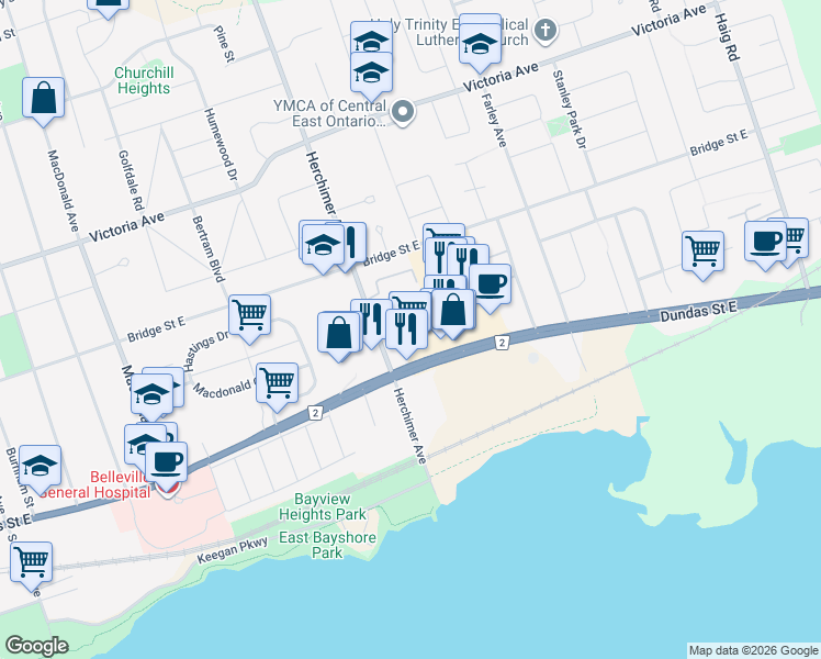 map of restaurants, bars, coffee shops, grocery stores, and more near 444 Dundas Street East in Belleville