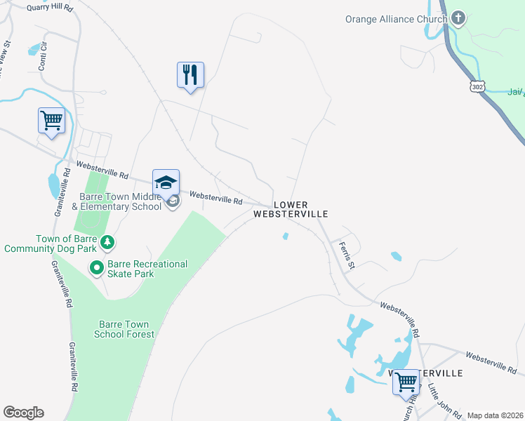 map of restaurants, bars, coffee shops, grocery stores, and more near 130 Websterville Road in Barre