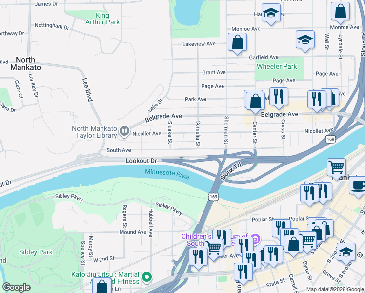map of restaurants, bars, coffee shops, grocery stores, and more near 729 South Avenue in North Mankato