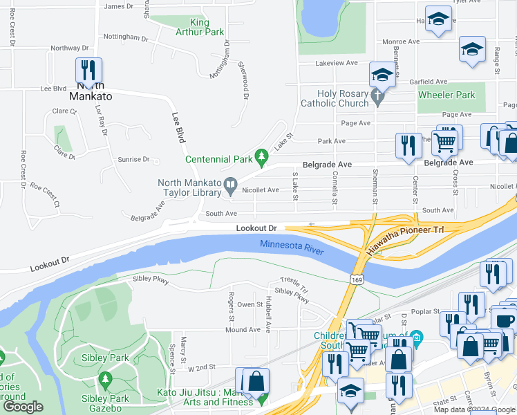 map of restaurants, bars, coffee shops, grocery stores, and more near 844 South Avenue in North Mankato