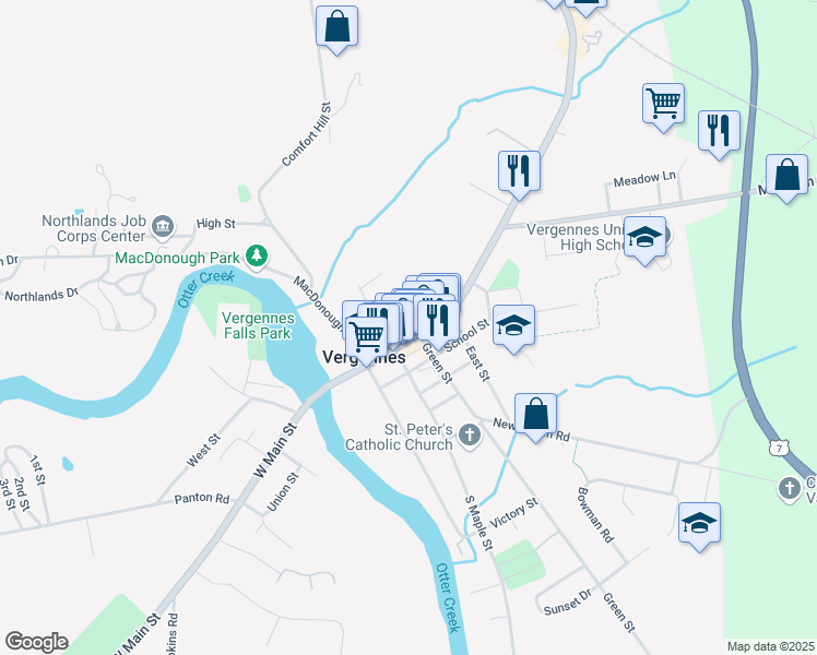 map of restaurants, bars, coffee shops, grocery stores, and more near 219 Main Street in Vergennes