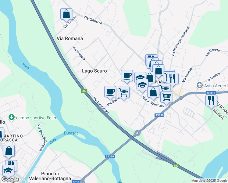 map of restaurants, bars, coffee shops, grocery stores, and more near 14 Via Galileo Galilei in Ceparana