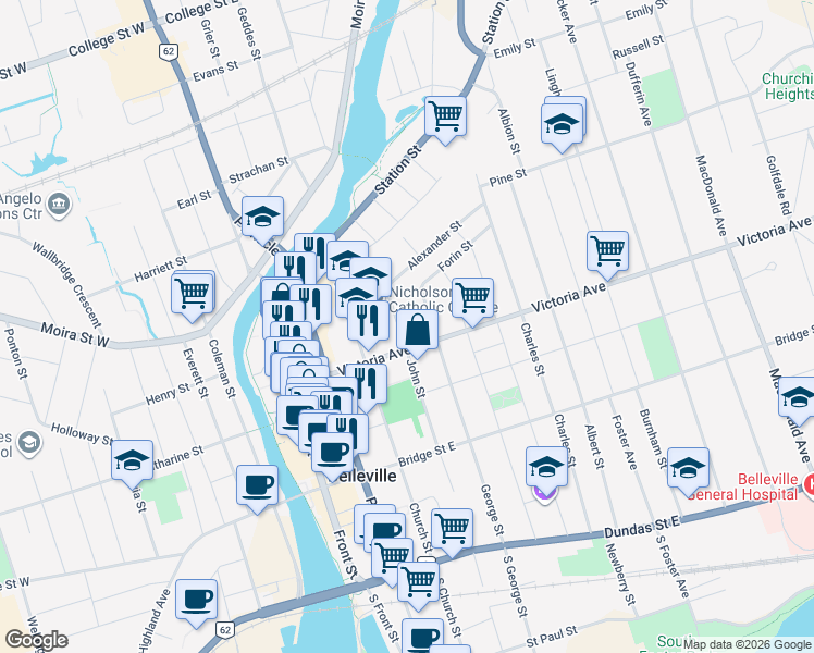 map of restaurants, bars, coffee shops, grocery stores, and more near 271 John Street in Belleville