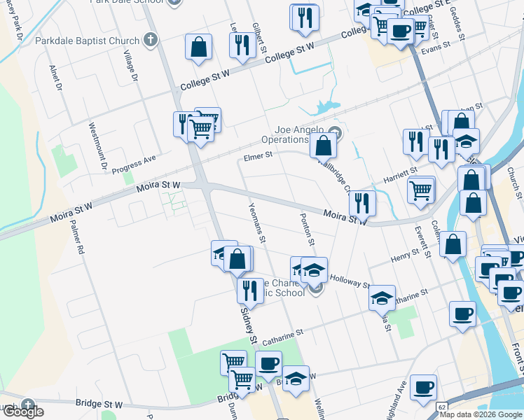map of restaurants, bars, coffee shops, grocery stores, and more near 159 Yeomans Street in Belleville