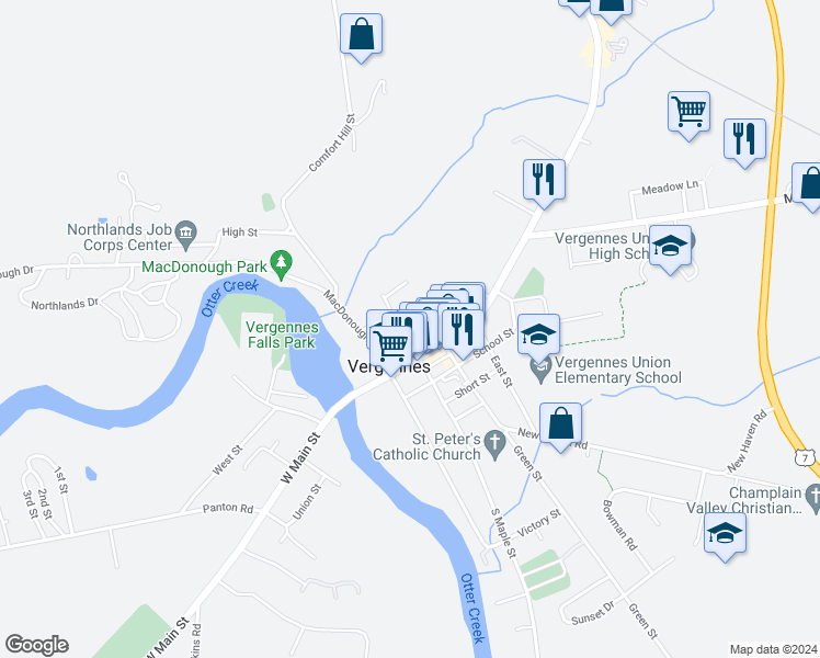 map of restaurants, bars, coffee shops, grocery stores, and more near 56 North Street in Vergennes
