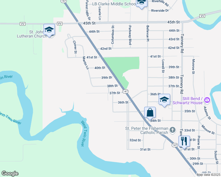 map of restaurants, bars, coffee shops, grocery stores, and more near 2823 39th Street in Two Rivers
