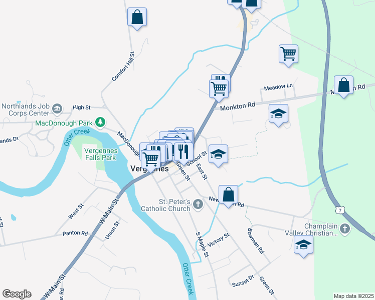 map of restaurants, bars, coffee shops, grocery stores, and more near 15 North Street in Vergennes