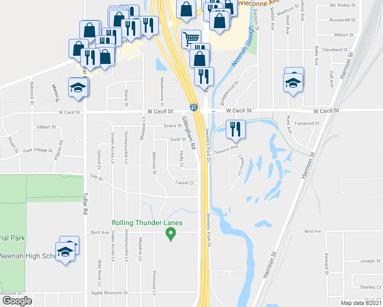 map of restaurants, bars, coffee shops, grocery stores, and more near 1045 Gillingham Road in Neenah
